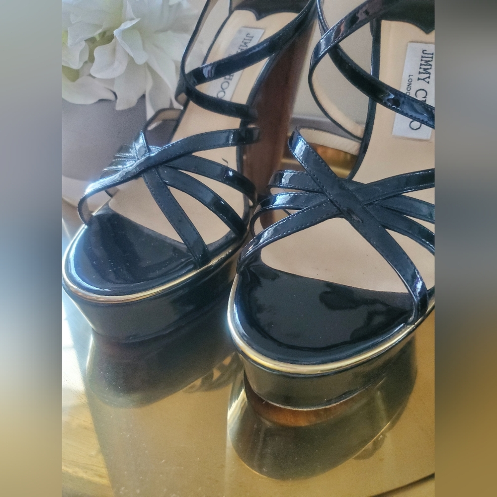 Jimmy Choo Black Patent Leather Platform Sandals with Wood-Effect Heels - Picture 11 of 16
